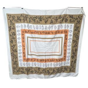 Vintage Cotton Tablecloth Mid Century Leaf Print Red Orange 56x52